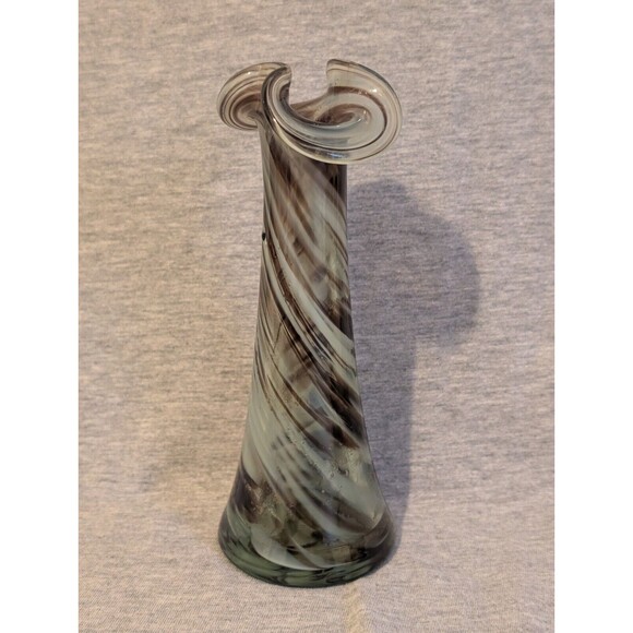 Vintage 1970s Hand Blown Swirl Ribbon Glass Vase Brown White 6.5" t x 2.5" dia - Picture 1 of 9